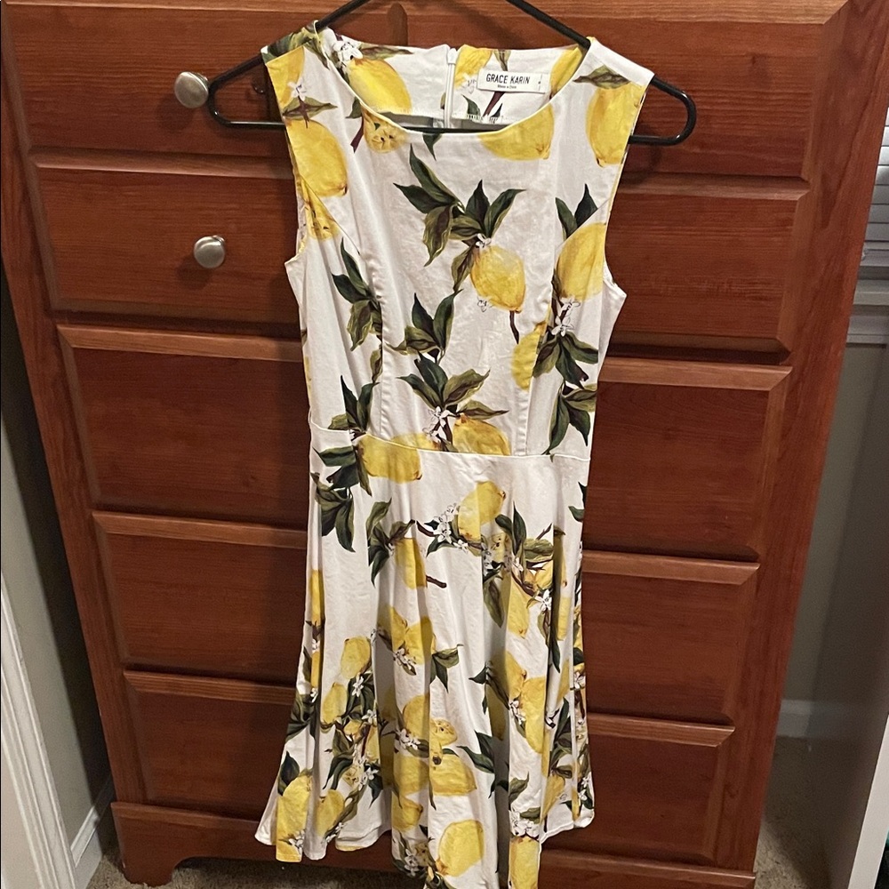 Grace Karin White Lemon Print Sleeveless Midi Dress